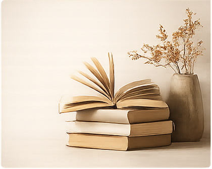Open book stacked beside a vase